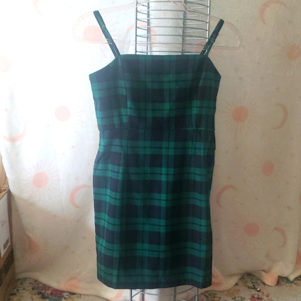 Checkered pattern navy blue green dress